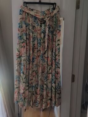 Lands' End Cream Floral Maxi Skirt with Tie Waist